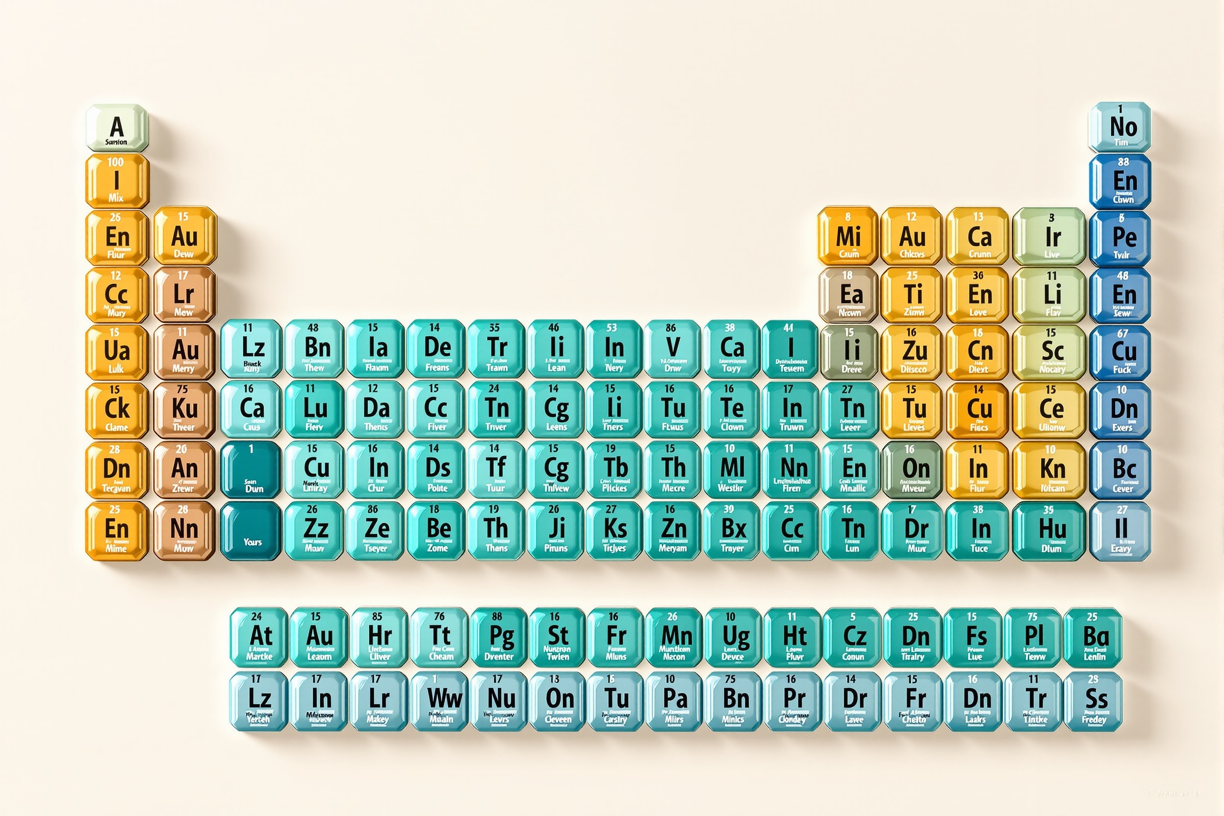 Stylized periodic table of the elements in a teal and amber palette